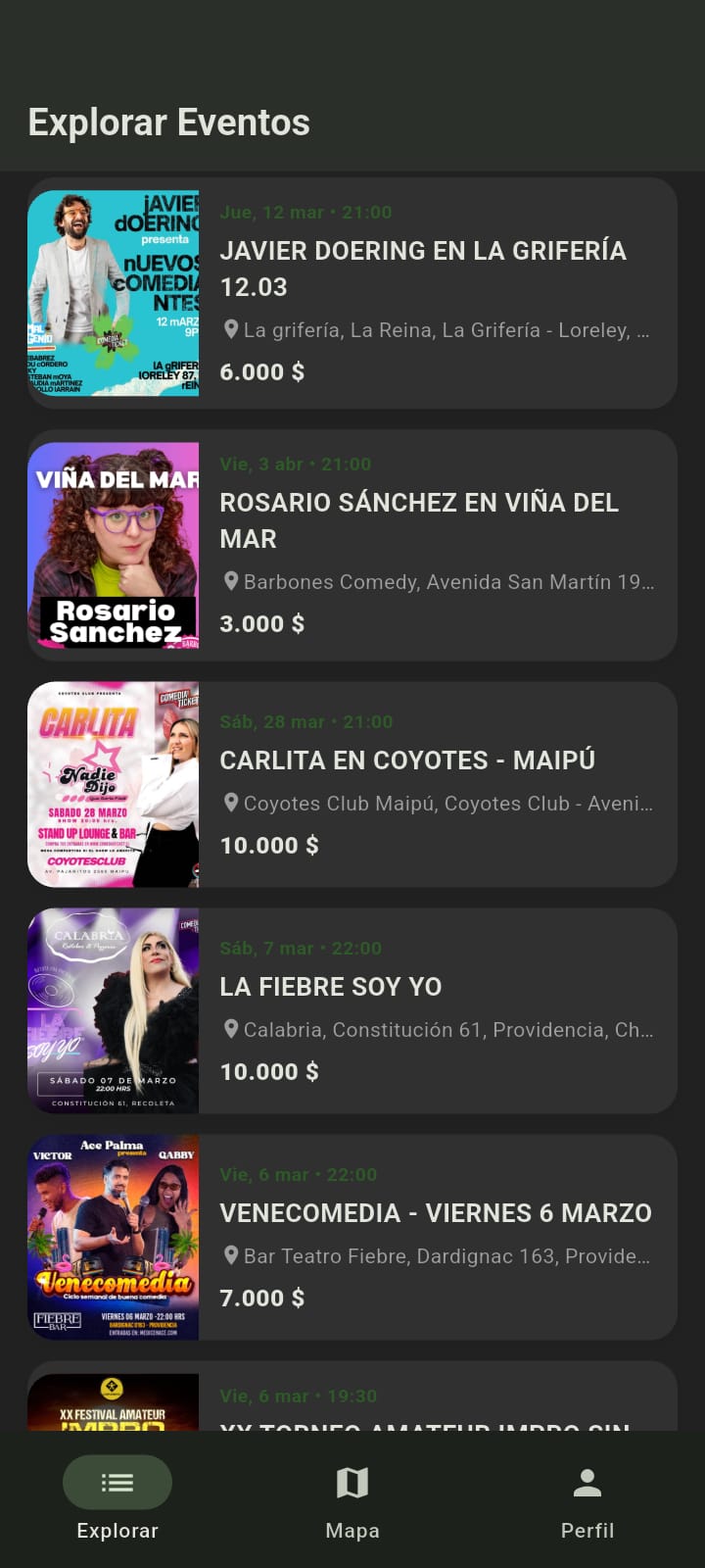 Pantalla Lista Eventree